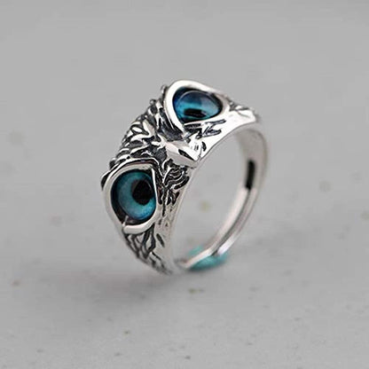 VIEN Silver Owl Ring Cat Eyes Animal Charm Vintage Rings for Men Women Ring Adjustable( Pack of 2)