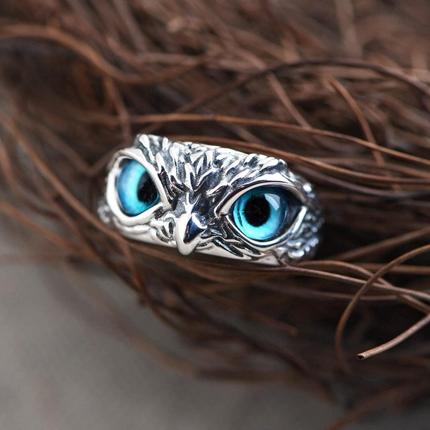 VIEN Silver Owl Ring Cat Eyes Animal Charm Vintage Rings for Men Women Ring Adjustable( Pack of 2)